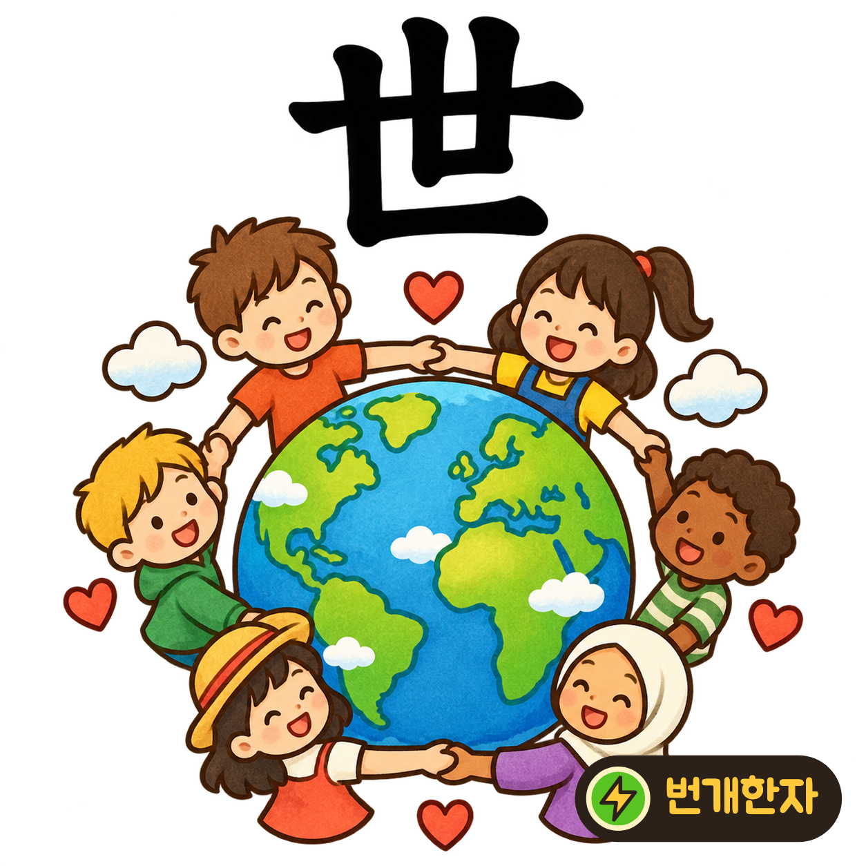 世: 긴 가로선에 여러 세로획이 함께 서 있어요. 여러 사람이 한 울타리 안에서 함께 살아가는 세상이라고 상상해 보세요. (기억 그림)