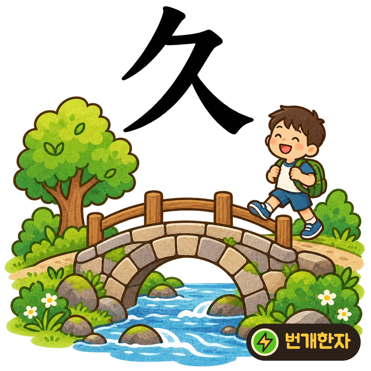 久: 윗부분에서 시작한 획이 아래로 길게 뻗어 있어요. 오래 기다리느라 다리를 쭉 뻗은 사람을 상상해 보세요. (기억 그림)