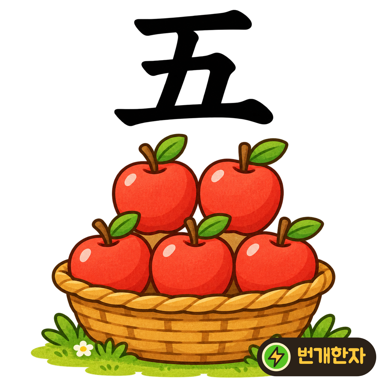 五: 위아래 가로선 사이에 획들이 엇갈려 있어요. 다섯 명이 건너는 작은 징검다리 모양으로 기억해 보세요. (기억 그림)