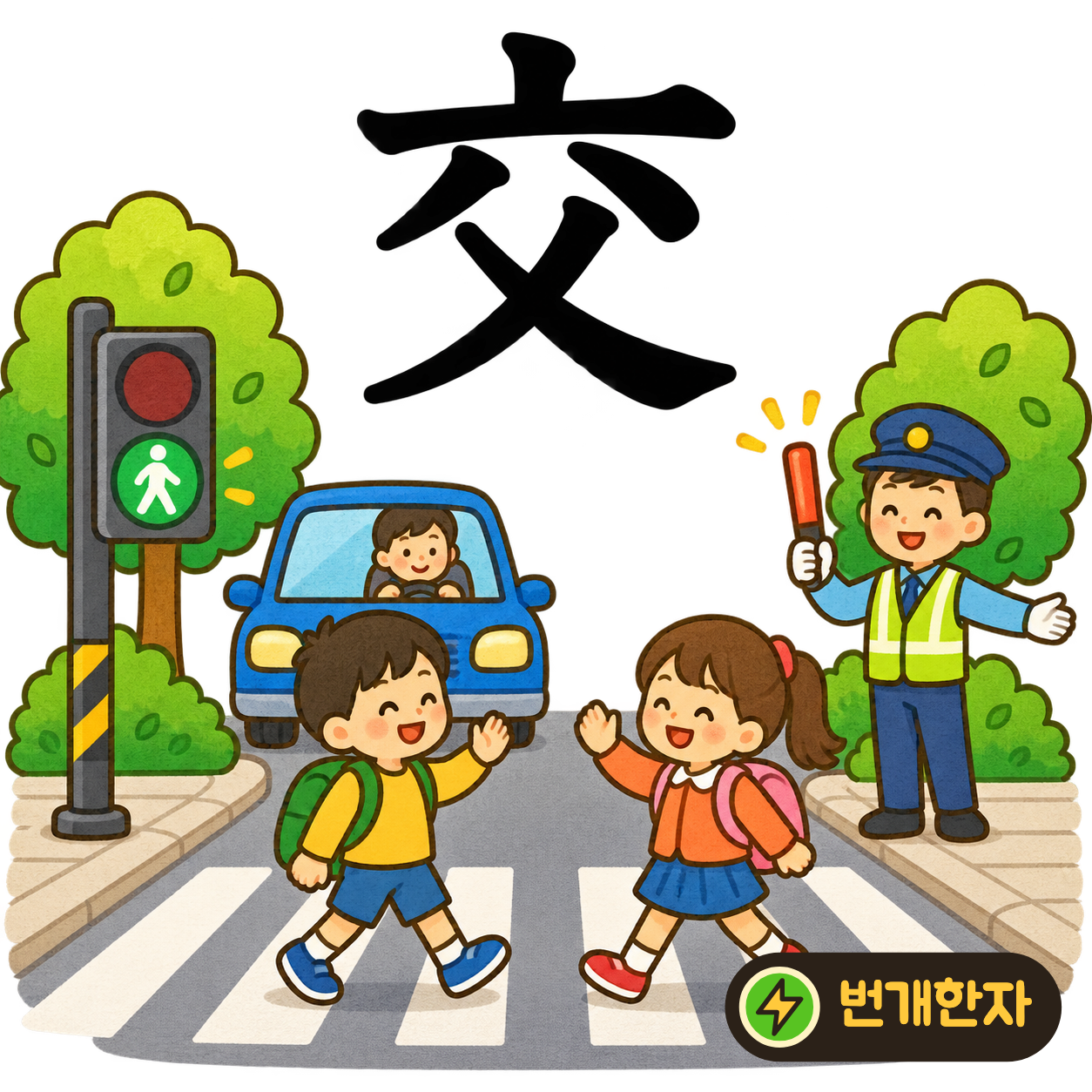 交: 아랫부분의 두 획이 서로 엇갈려요. 두 친구가 길에서 만나 손을 맞잡고 사귀는 장면을 떠올려 보세요. (기억 그림)