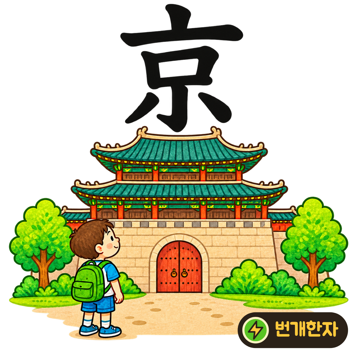 京: 위의 덮개 아래에 口가 있고 그 밑에 小가 있어요. 큰 도시 한가운데 우뚝 선 건물과 작은 사람들을 상상해 보세요. (기억 그림)
