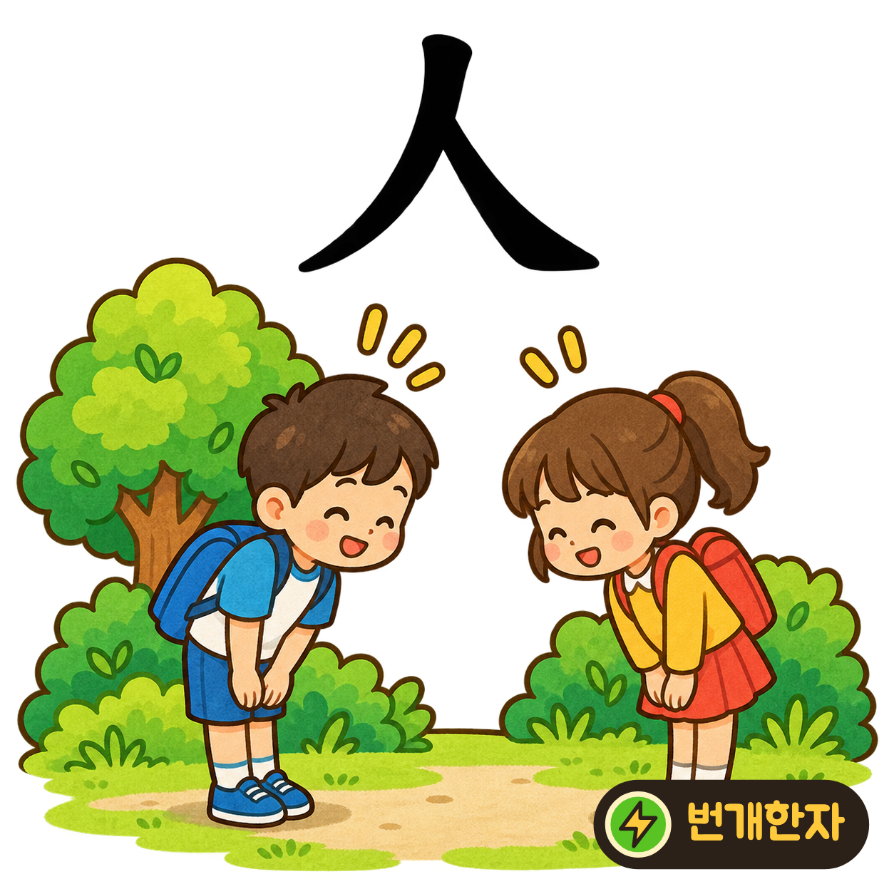 人: 두 획이 서로 기대어 두 다리처럼 벌어져 있어요. 사람이 두 발로 서 있는 모습을 떠올려요. (기억 그림)