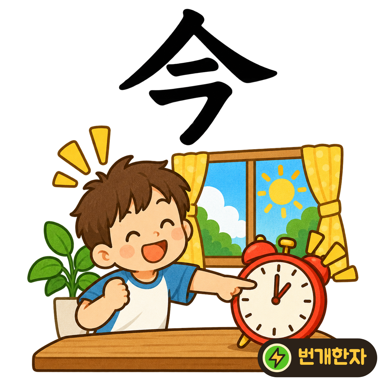 今: 사람 지붕 같은 윗부분 아래에 짧은 획들이 모여 있어요. ‘지금 여기 모여!’라는 신호 아래 사람들이 모인다고 기억해 보세요. (기억 그림)