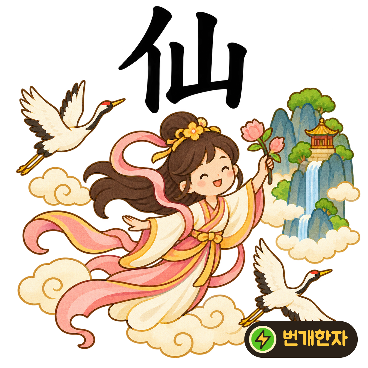 仙: 사람 모양 亻 옆에 산 山이 있어요. 산속에서 사는 신선을 상상하면 두 부분이 함께 기억나요. (기억 그림)