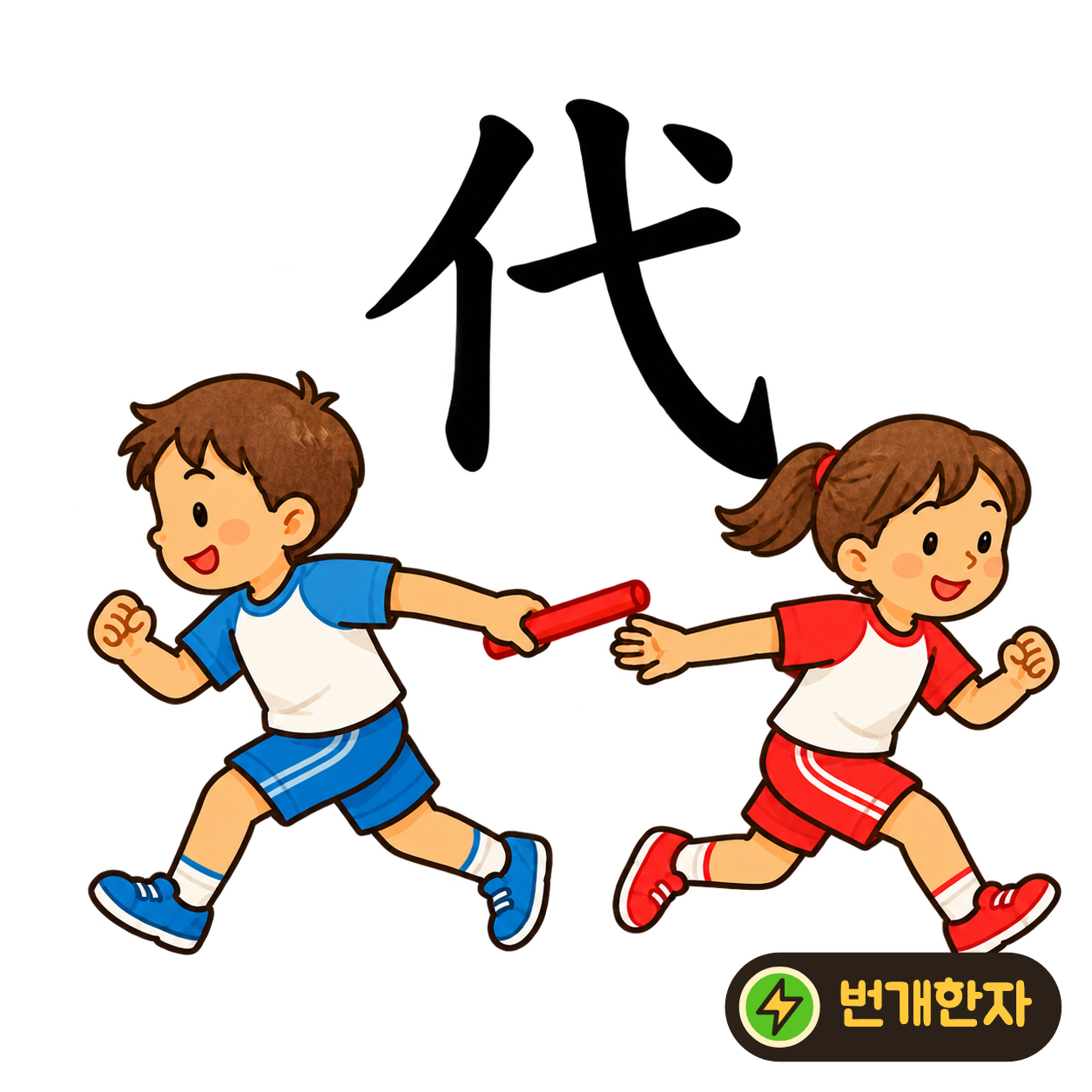 代: 왼쪽 亻 옆에 작은 표시처럼 생긴 弋이 있어요. 대신 일할 사람이 표시를 받아 가는 장면을 상상해 보세요. (기억 그림)