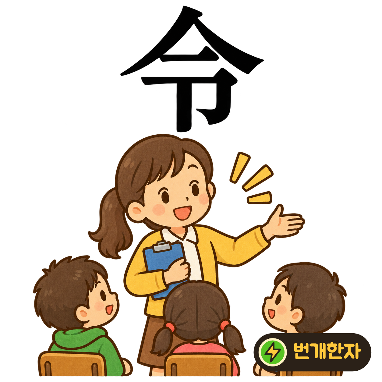 令: 윗부분의 지붕 아래로 획들이 모여 있어요. 지붕 아래 모인 사람들에게 일을 하도록 명령하는 장면을 떠올려 보세요. (기억 그림)