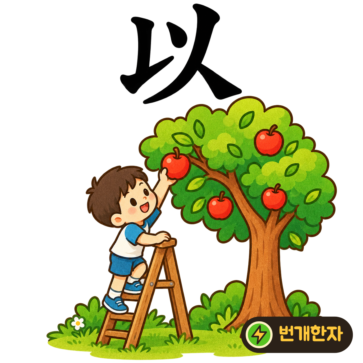 以: 왼쪽의 구부러진 획과 점, 오른쪽의 사람 같은 획을 살펴보세요. 사람이 도구를 써서 일을 하는 모습으로 기억해 보세요. (기억 그림)