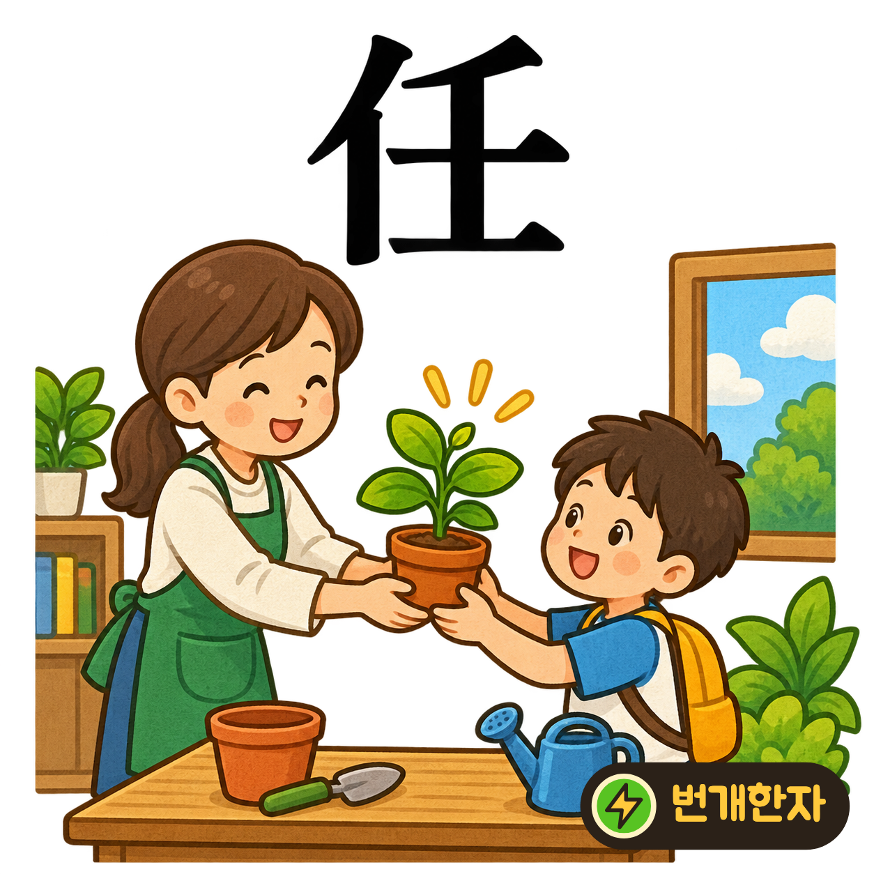 任: 왼쪽에 亻이 있고 오른쪽에는 가로획을 세로획이 받치고 있어요. 사람이 짐을 맡아 든 모습으로 기억해 보세요. (기억 그림)