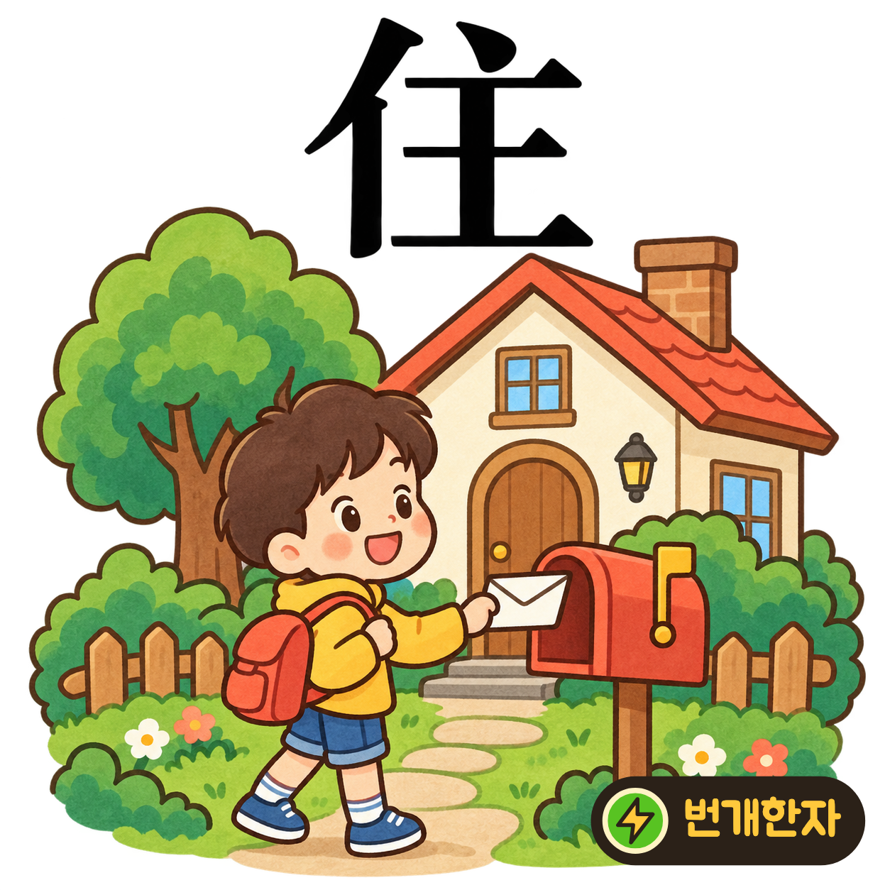 住: 사람 모양 亻과 주인 主가 나란히 있어요. 주인이 자기 집에 사는 모습을 떠올려 보세요. (기억 그림)