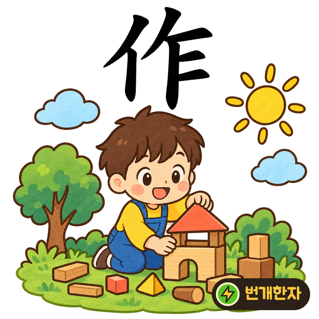作: 사람 모양 亻 옆에 가로획들이 층층이 놓여 있어요. 사람이 재료를 한 층씩 쌓아 무언가 짓는 장면을 상상해 보세요. (기억 그림)