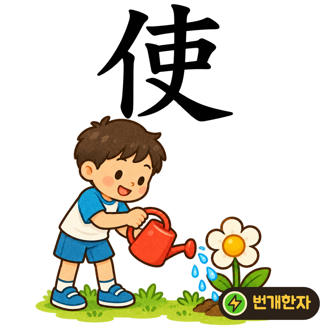使: 사람 모양 亻 옆에 가운데가 길게 이어진 吏가 있어요. 사람에게 일을 맡겨 움직이게 하는 장면으로 기억해 보세요. (기억 그림)
