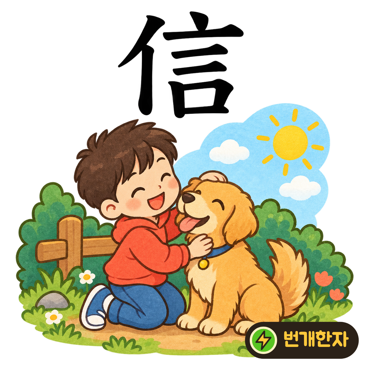 信: 사람 모양 亻 옆에 말씀 言이 있어요. 사람이 한 말을 믿고 약속을 지키는 모습으로 기억해요. (기억 그림)