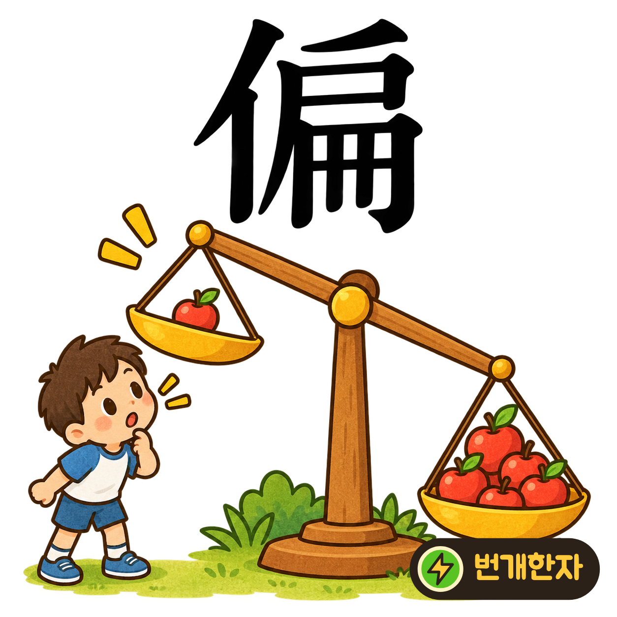 偏: 사람 모양 亻 옆에 납작하고 넓은 扁이 있어요. 사람이 넓은 판의 한쪽 끝으로 치우쳐 선 모습을 떠올려 보세요. (기억 그림)