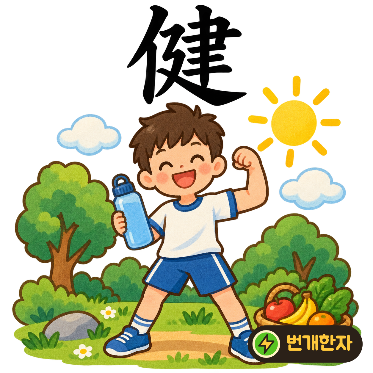 健: 사람 모양 亻 옆에 세울 建이 있어요. 몸이 굳세고 건강한 사람이 튼튼히 서 있는 모습을 떠올려 보세요. (기억 그림)