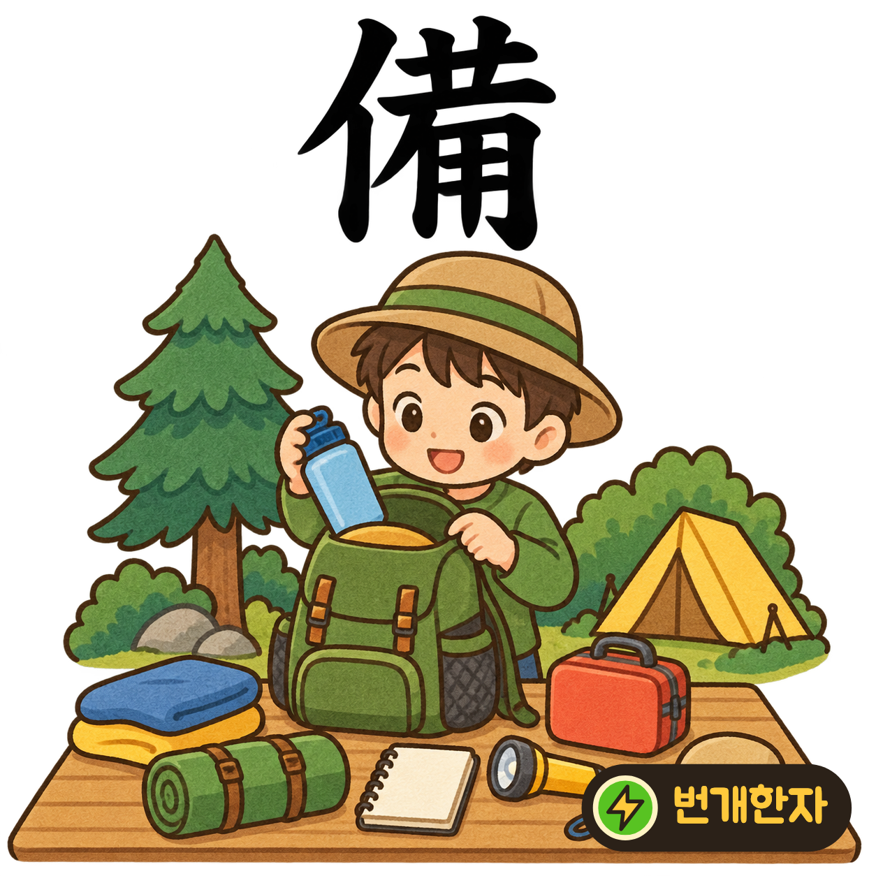 備: 왼쪽에 亻, 오른쪽 아래에 칸이 나뉜 用 모양이 보여요. 사람이 여러 칸에 필요한 물건을 갖추어 넣는 장면을 상상해 보세요. (기억 그림)
