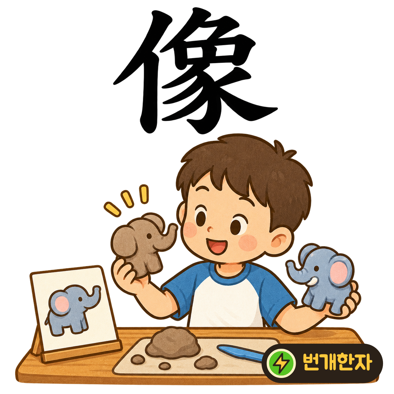 像: 사람 모양 亻 옆에 코끼리 象이 있어요. 사람이 코끼리 모양을 그대로 본떠 그리는 장면을 상상해 보세요. (기억 그림)