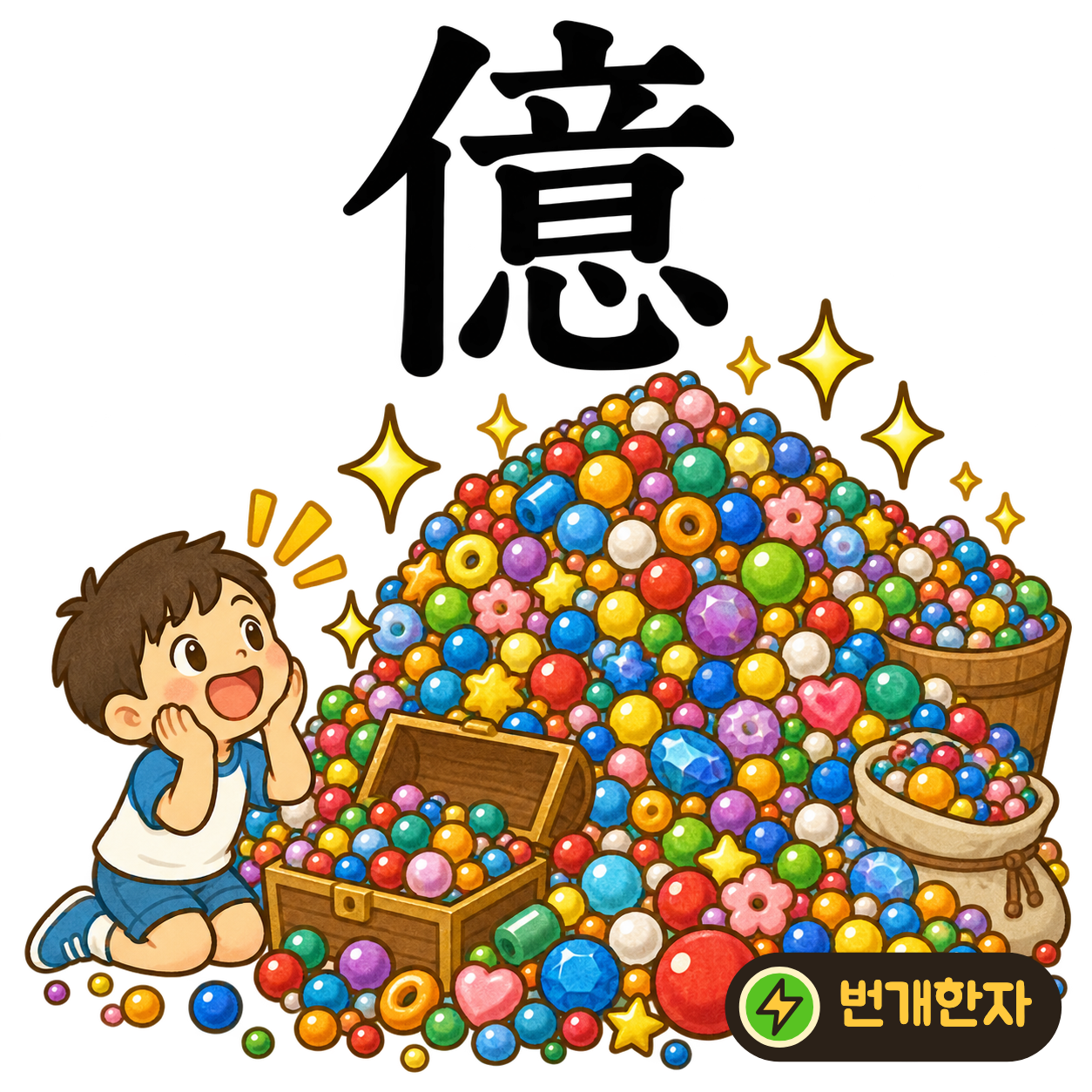 億: 사람 모양 亻 옆에 뜻 意가 있어요. 사람이 마음속으로 아주 큰 수인 일억을 생각하는 장면을 떠올려 보세요. (기억 그림)
