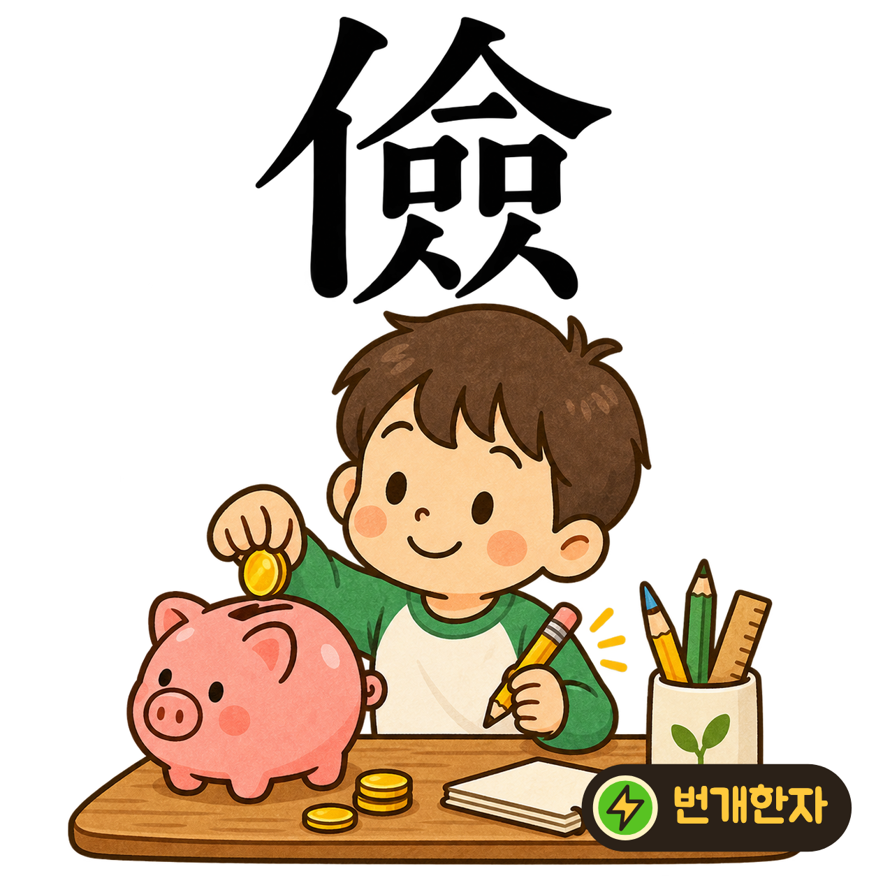 儉: 왼쪽 亻 옆에 작은 획들이 빼곡히 모여 있어요. 사람이 작은 물건 하나까지 아껴 모으며 검소하게 사는 모습으로 기억해 보세요. (기억 그림)