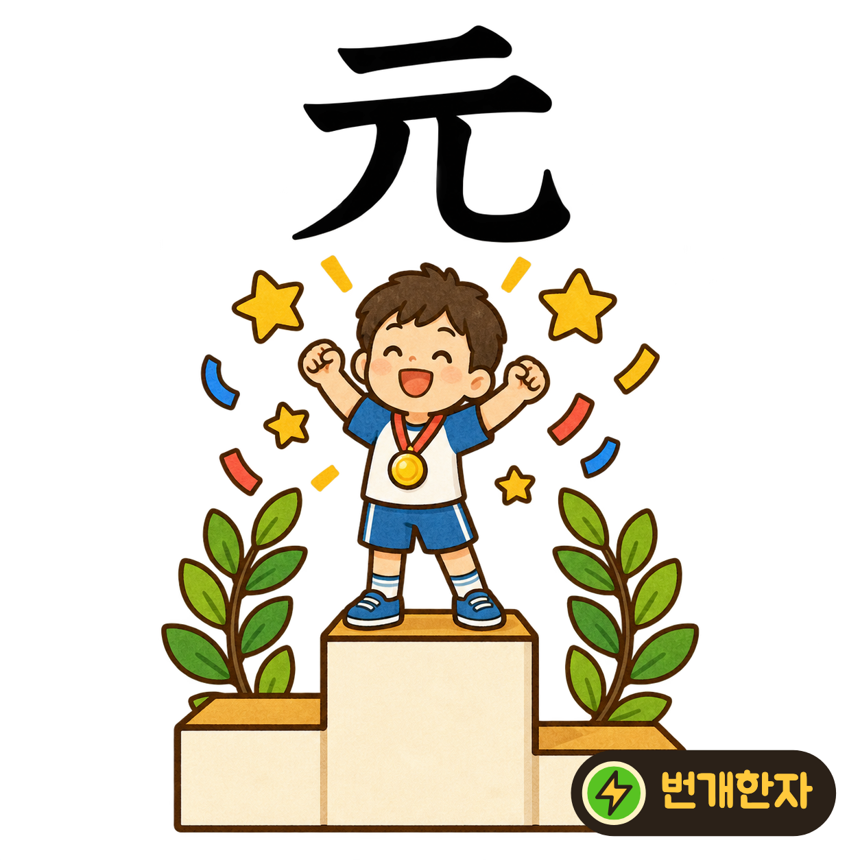 元: 두 가로선 아래로 다리처럼 벌어진 획이 보여요. 맨 앞에서 으뜸 표시를 들고 선 사람으로 기억해 보세요. (기억 그림)