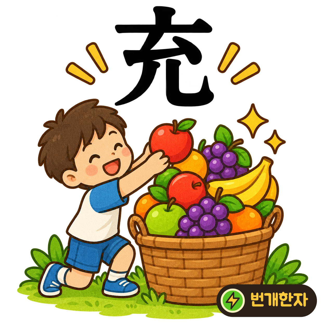 充: 윗부분 아래로 두 다리 같은 획이 벌어져 있어요. 빈 주머니에 물건을 채워 아래가 불룩해진 모습으로 상상해 보세요. (기억 그림)