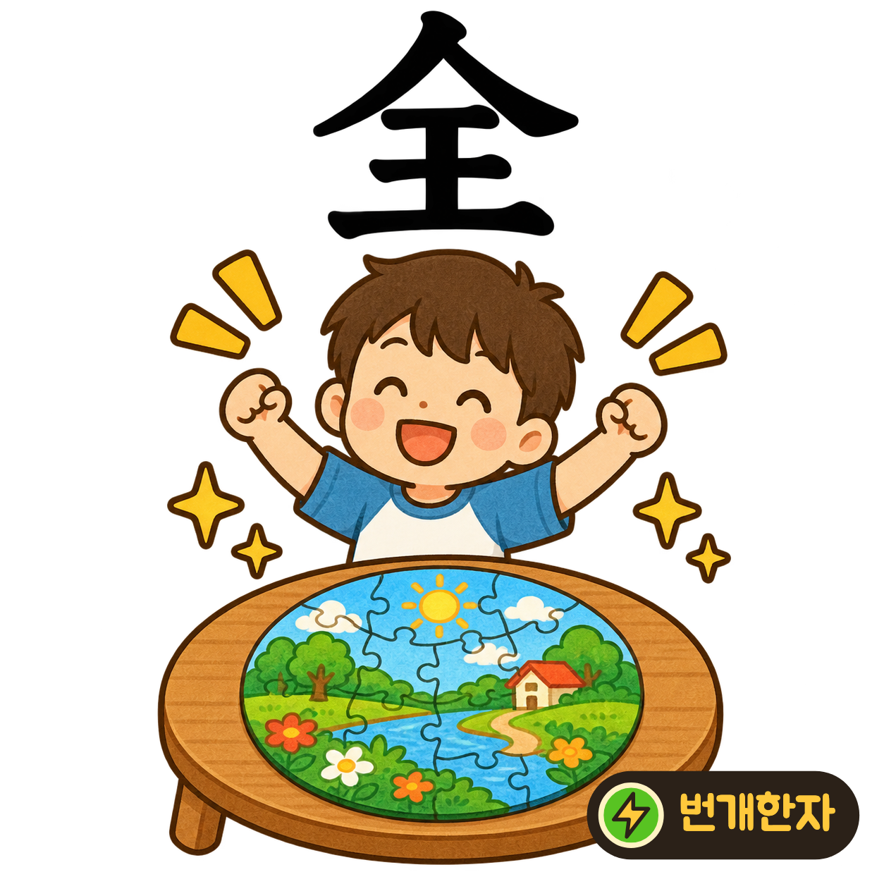 全: 지붕 같은 윗부분 아래에 王이 온전히 들어 있어요. 중요한 물건을 하나도 빠짐없이 덮어 둔 모습으로 기억해 보세요. (기억 그림)