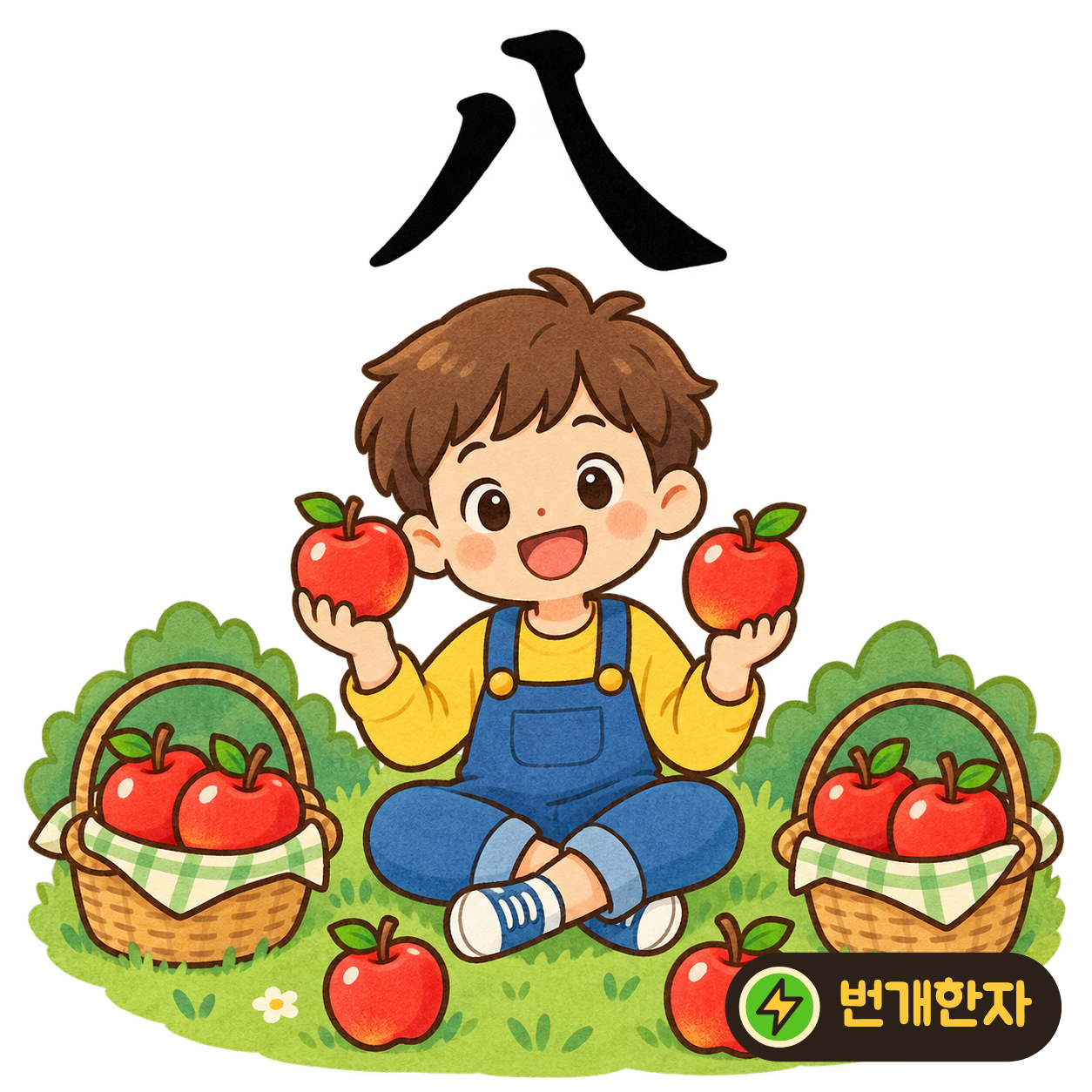 八: 두 획이 서로 떨어져 양쪽으로 벌어져 있어요. 여덟 명이 두 편으로 갈라져 서는 모습을 상상해 보세요. (기억 그림)