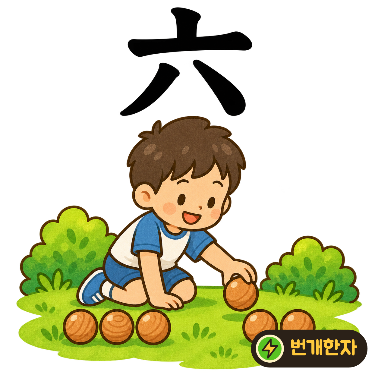 六: 윗부분 아래에 두 획이 양쪽으로 벌어져 있어요. 여섯 명이 모일 작은 정자의 지붕과 다리로 상상해 보세요. (기억 그림)