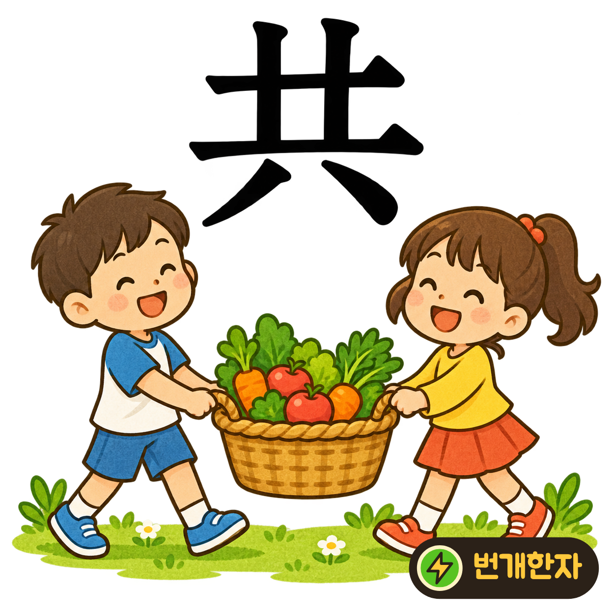 共: 아랫부분의 두 획 위에 가로획들이 함께 놓여 있어요. 두 사람이 한 물건을 함께 받치는 모습으로 기억해 보세요. (기억 그림)