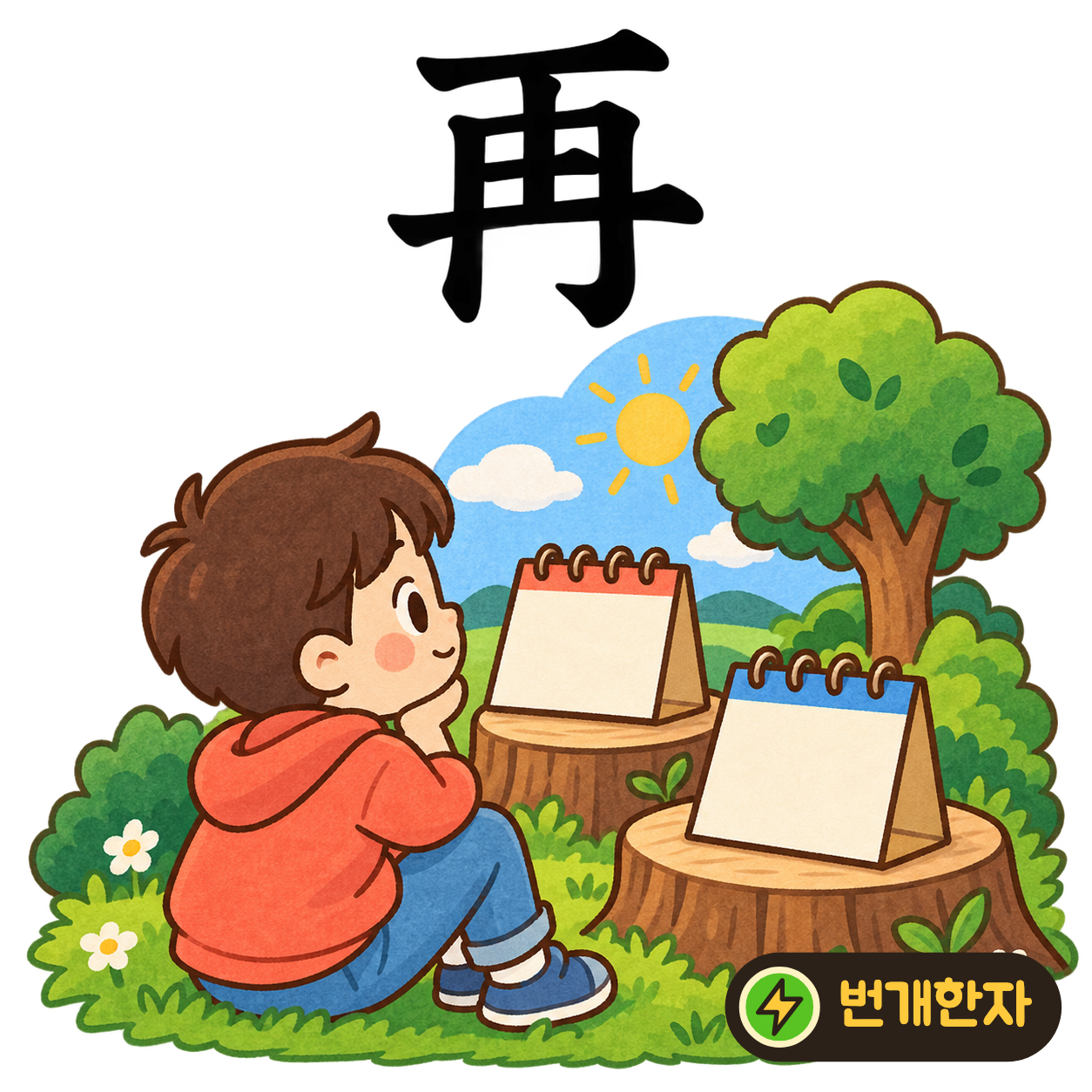 再: 위아래 가로선 사이의 칸을 살펴보세요. 같은 칸에 물건을 두 번째로 넣는 장면을 떠올리며 ‘다시’를 기억해요. (기억 그림)