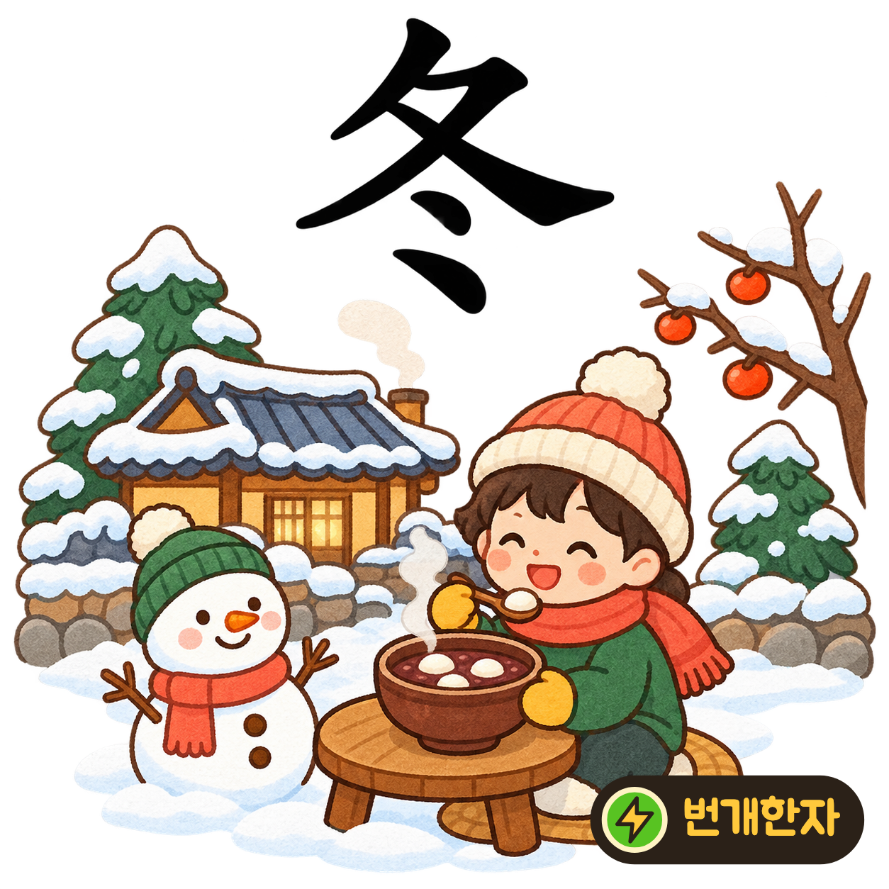 冬: 위에서 내려오는 획 아래에 작은 점 두 개가 있어요. 겨울에 처마 끝에서 차가운 물방울이 떨어진다고 상상해 보세요. (기억 그림)