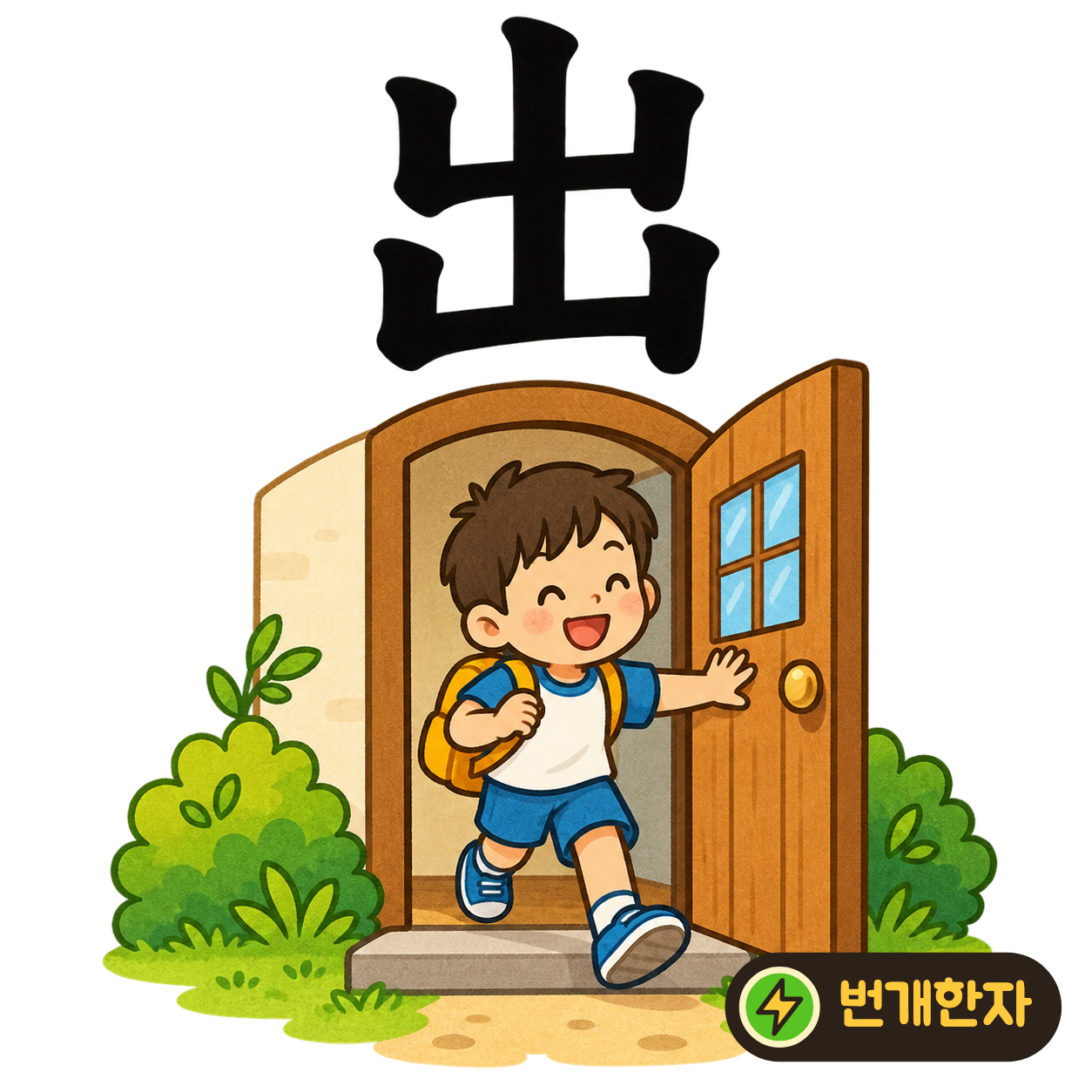 出: 가운데 세로획이 위아래의 열린 틀을 이어 지나가요. 안에 있던 싹이 바깥으로 나오는 모습으로 상상해 보세요. (기억 그림)