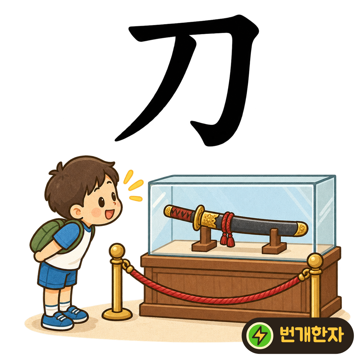 刀: 긴 획 끝이 구부러지고 그 옆에 비스듬한 획이 있어요. 손잡이와 날이 있는 칼을 떠올려 보세요. (기억 그림)