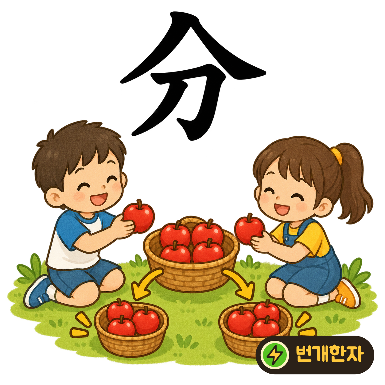 分: 위에 八, 아래에 칼 刀가 있어요. 칼로 하나를 잘라 양쪽으로 나누는 모습을 기억해요. (기억 그림)