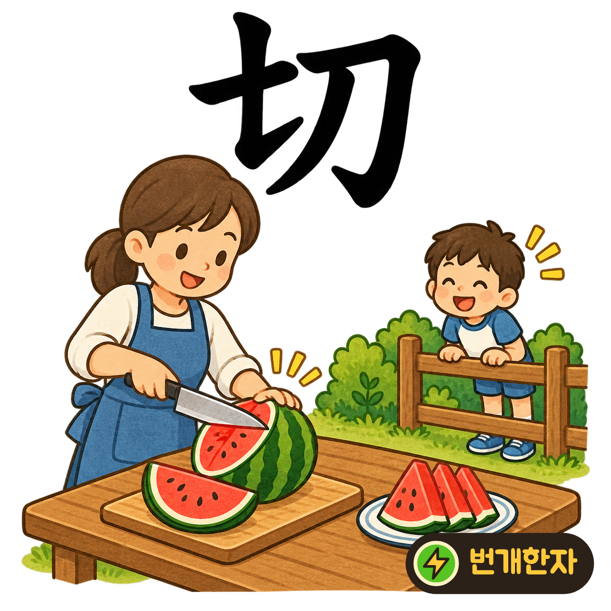 切: 왼쪽 七 옆에 칼 刀이 있어요. 고리에 걸린 끈을 칼로 끊는 장면을 상상해 보세요. (기억 그림)