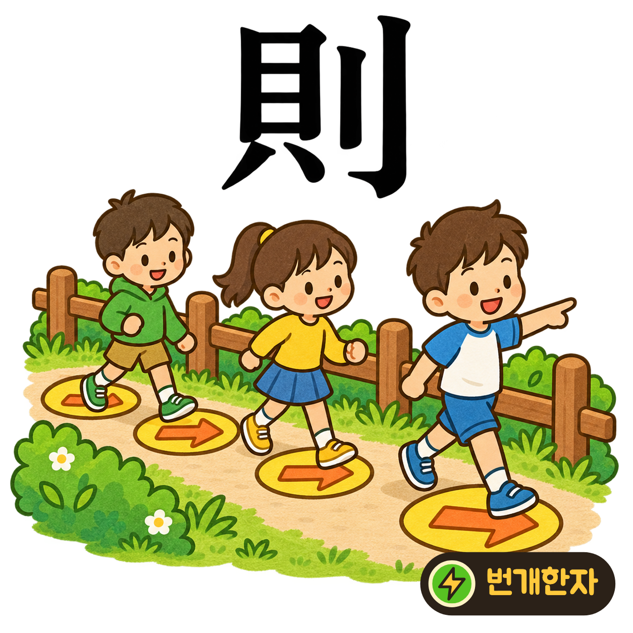 則: 조개 貝 옆에 칼 모양 刂이 있어요. 돈을 나눌 때 지킬 법칙을 단단한 판에 새기는 모습으로 기억해 보세요. (기억 그림)