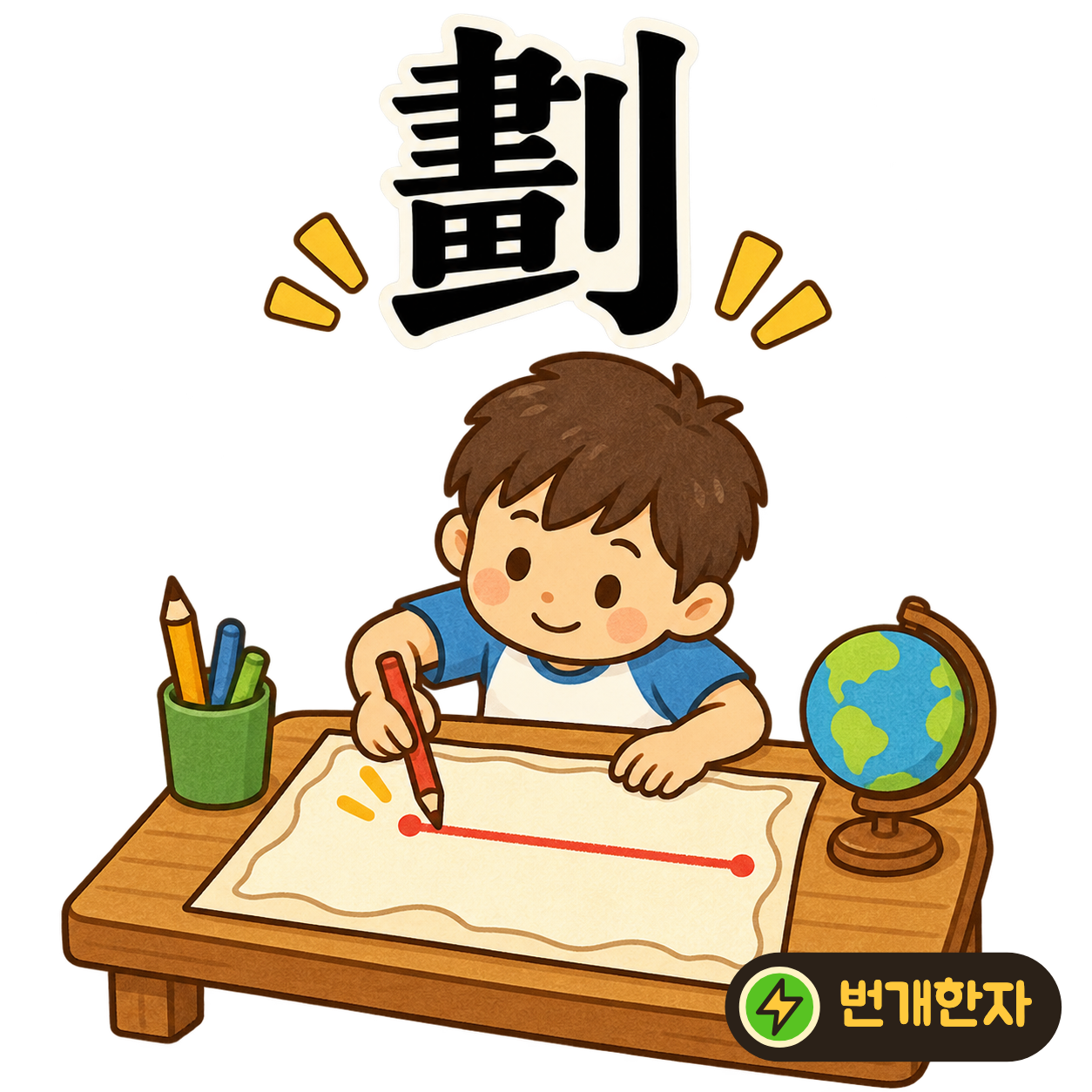 劃: 그림 畫 옆에 칼 모양 刂이 있어요. 그려 놓은 선을 따라 칼끝으로 줄을 긋는 장면을 떠올려 보세요. (기억 그림)