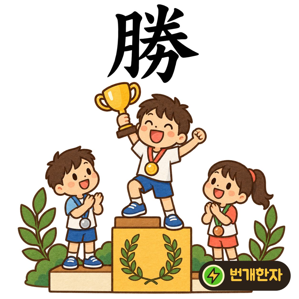 勝: 오른쪽 아래에 힘 力이 있고 위에는 벌어진 획들이 있어요. 힘을 모아 이기고 두 팔을 들어 올린 모습을 상상해 보세요. (기억 그림)