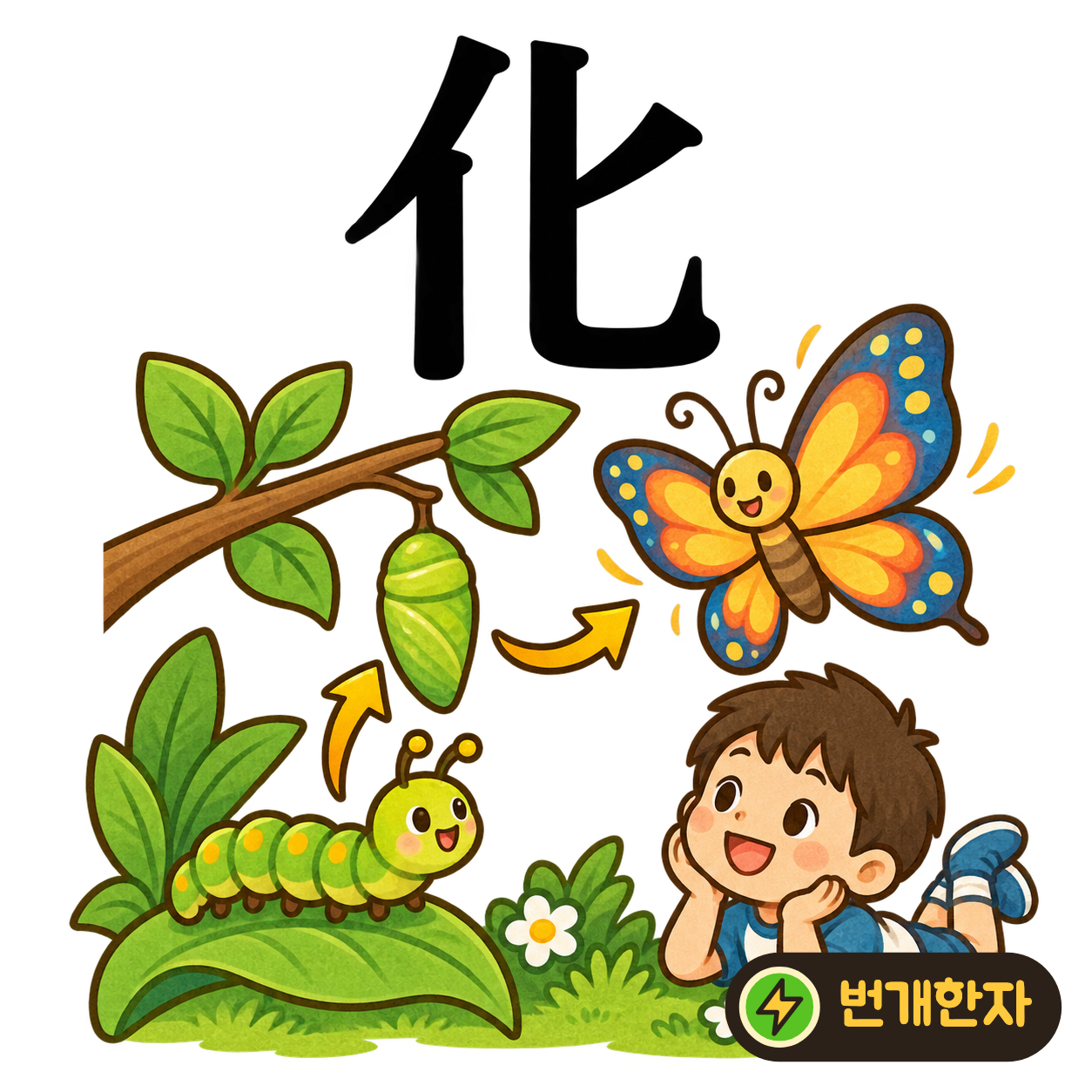 化: 사람 모양 亻 옆에 방향이 다른 匕가 있어요. 사람이 몸의 방향을 바꾸어 다른 모습이 되는 장면을 떠올려 보세요. (기억 그림)