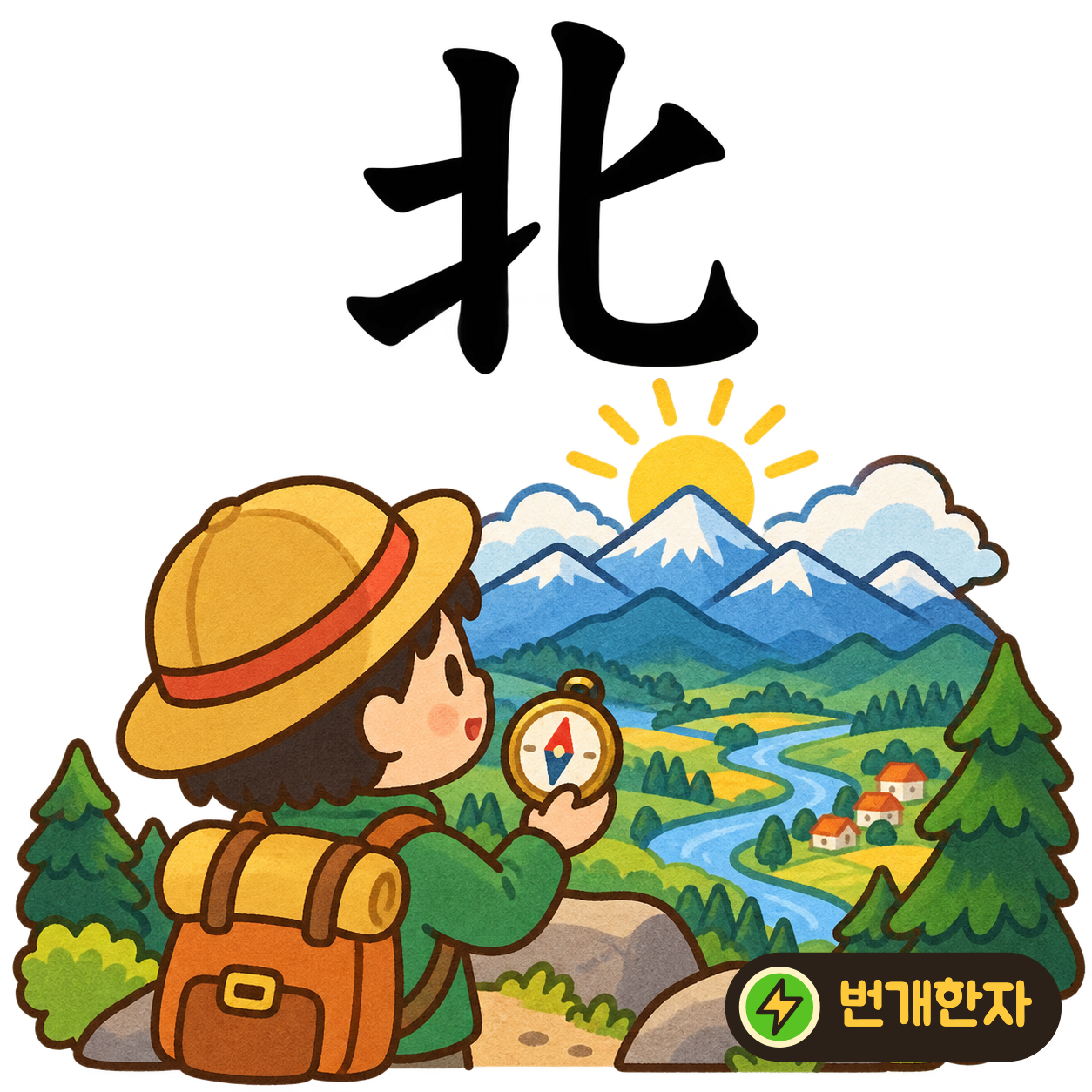 北: 양쪽 모양이 서로 등을 돌린 듯 보여요. 북쪽을 찾으려고 등을 맞대고 방향을 살피는 두 사람을 상상해 보세요. (기억 그림)