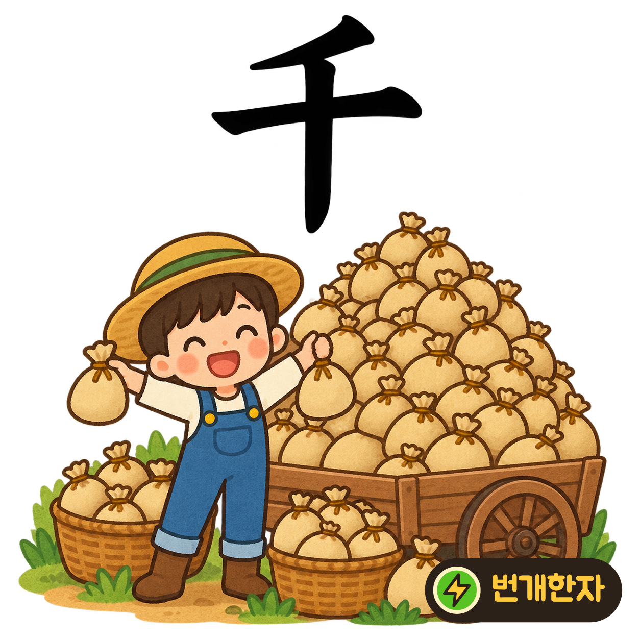 千: 열 十 위에 비스듬한 획 하나가 더 있어요. 열보다 훨씬 큰 천을 세며 위에 특별한 표시를 얹는다고 기억해 보세요. (기억 그림)