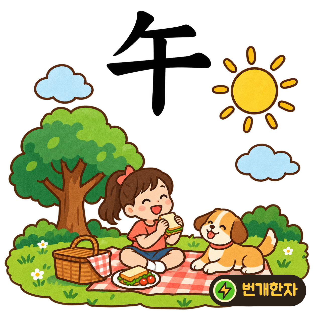 午: 윗부분 아래로 세로획이 곧게 내려와요. 낮 열두 시를 가리키는 시곗바늘이 똑바로 서 있다고 상상해 보세요. (기억 그림)