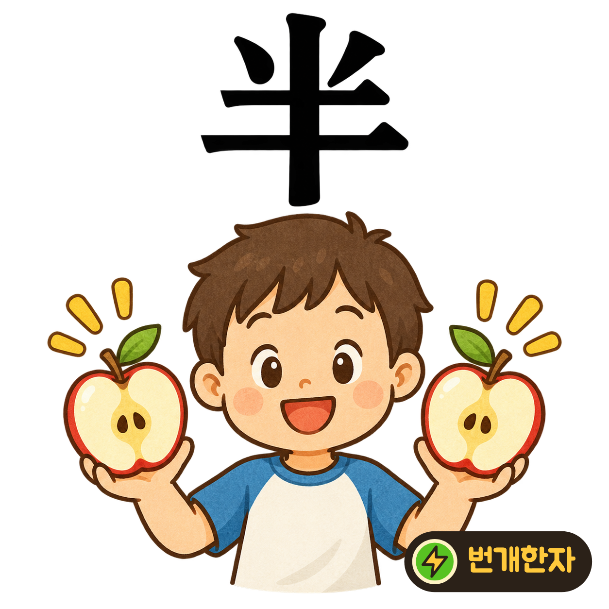 半: 가운데 세로획 양쪽으로 획들이 나뉘어 있어요. 양쪽에 절반씩 나누어 놓은 모습으로 기억해요. (기억 그림)