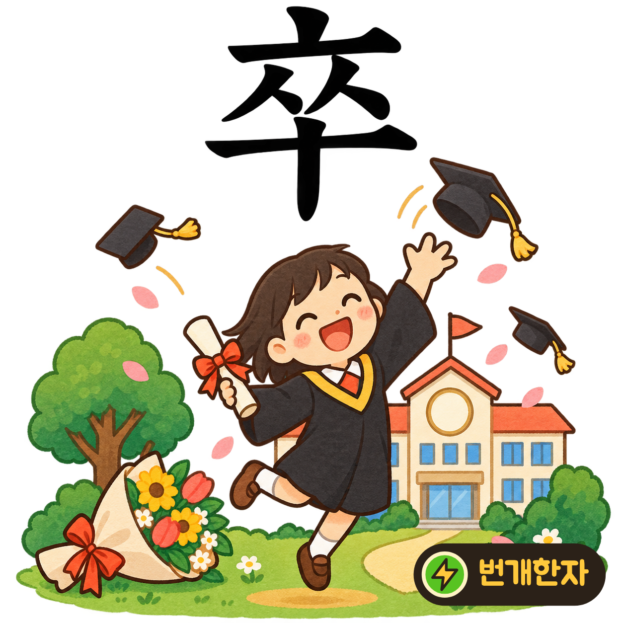 卒: 가운데 사람 같은 획들 아래에 十이 있어요. 사람들이 일을 모두 마치고 완료 표시 앞에 모였다고 상상해요. (기억 그림)