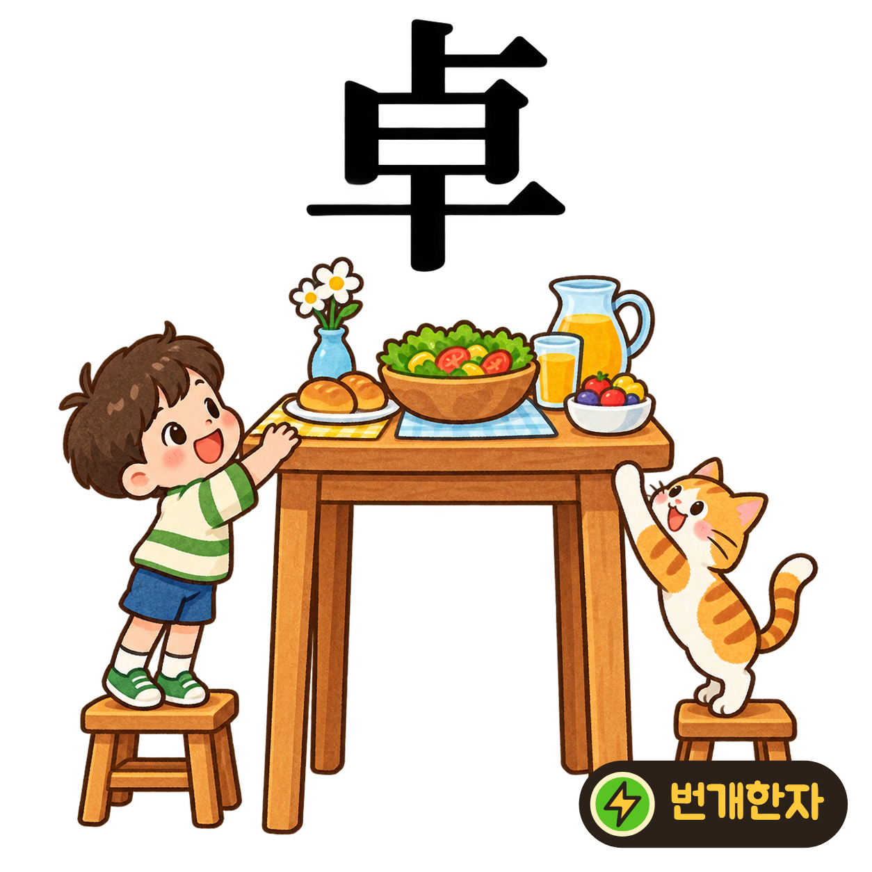 卓: 日 위로 짧은 획들이 솟고 아래에 十이 받치고 있어요. 높은 받침대 위에 물건을 올려 둔다고 상상해요. (기억 그림)