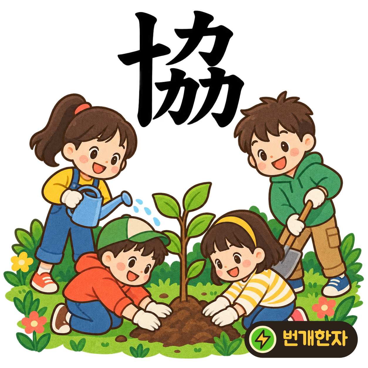 協: 十 옆에 힘 力이 세 개 모여 있어요. 여러 사람이 힘을 합쳐 화합하는 모습이에요. (기억 그림)