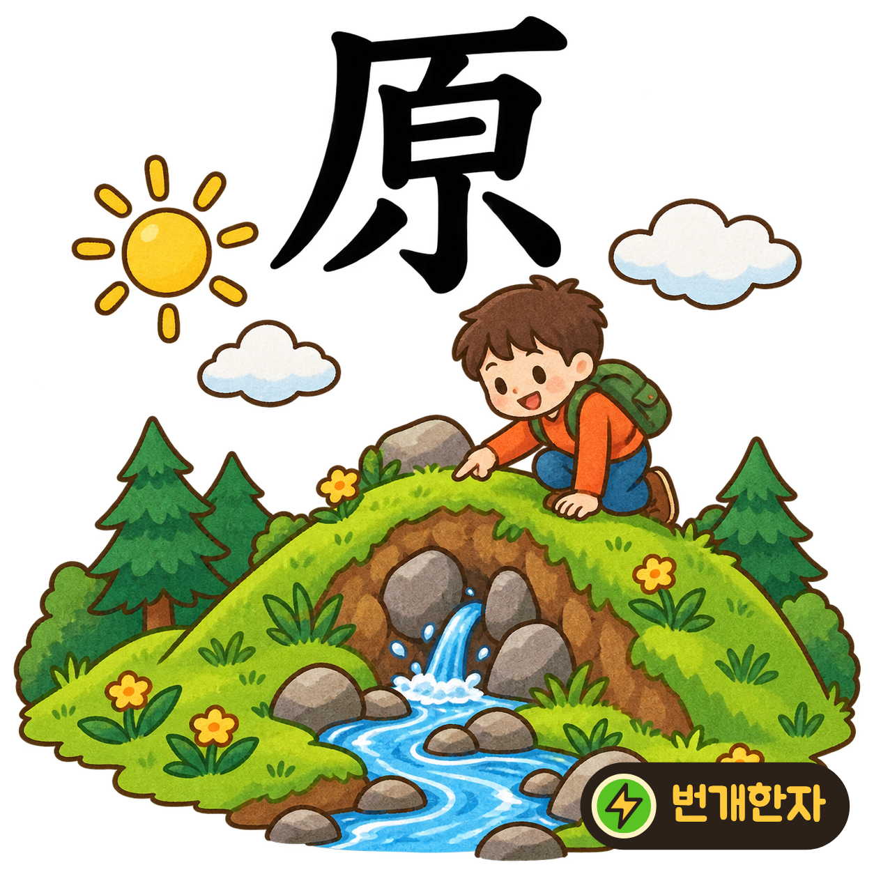 原: 언덕 같은 厂 안에 白과 小가 보여요. 언덕 아래 작은 샘물이 반짝이는 장면을 상상해요. (기억 그림)