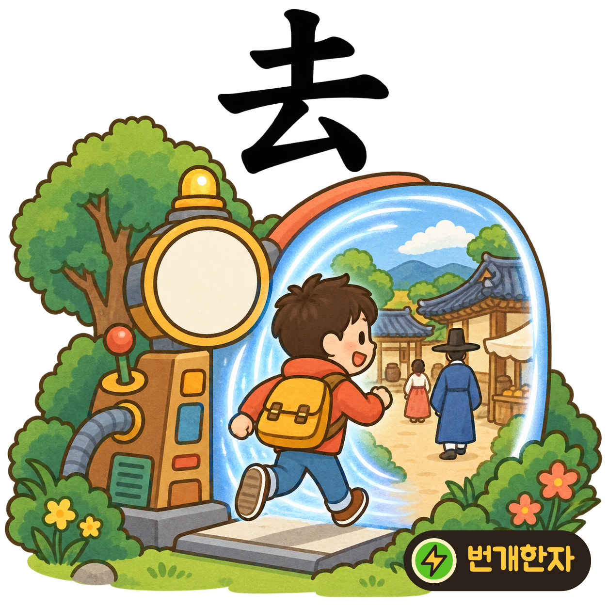 去: 흙 土 아래에 厶가 있어요. 흙길 위에 남은 작은 발자국을 보며 누군가 갔다고 기억해요. (기억 그림)