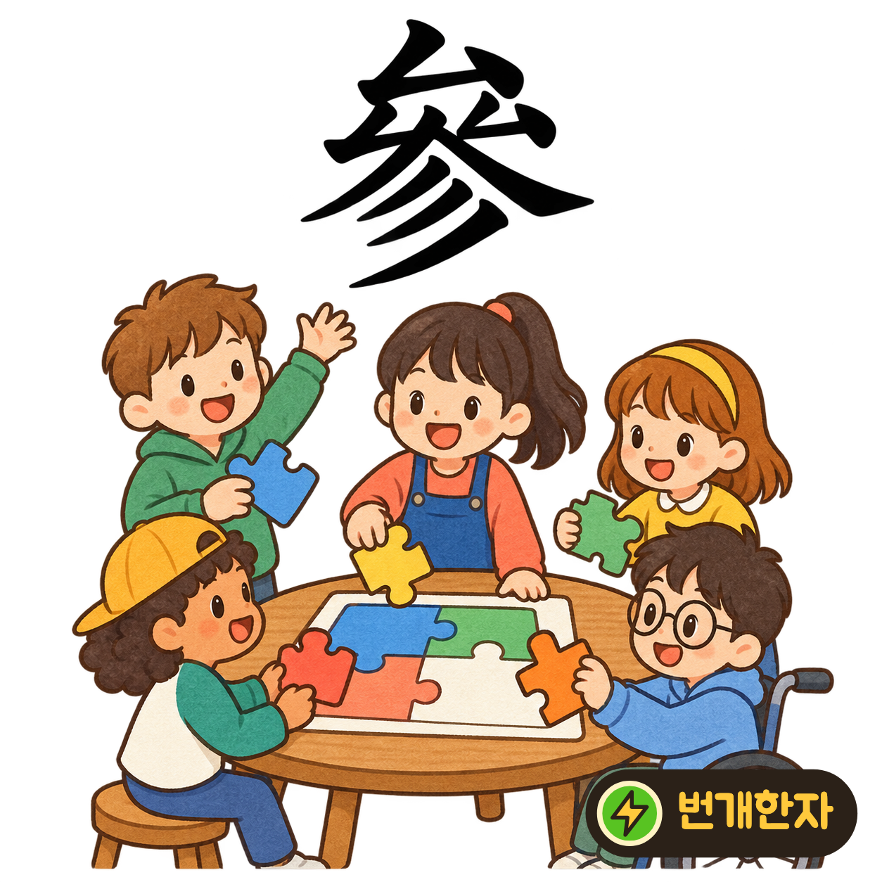參: 위에 작은 厶가 모이고 아래에 비스듬한 획 셋이 있어요. 여럿이 모임에 참여하려고 줄지어 오는 장면을 상상해요. (기억 그림)
