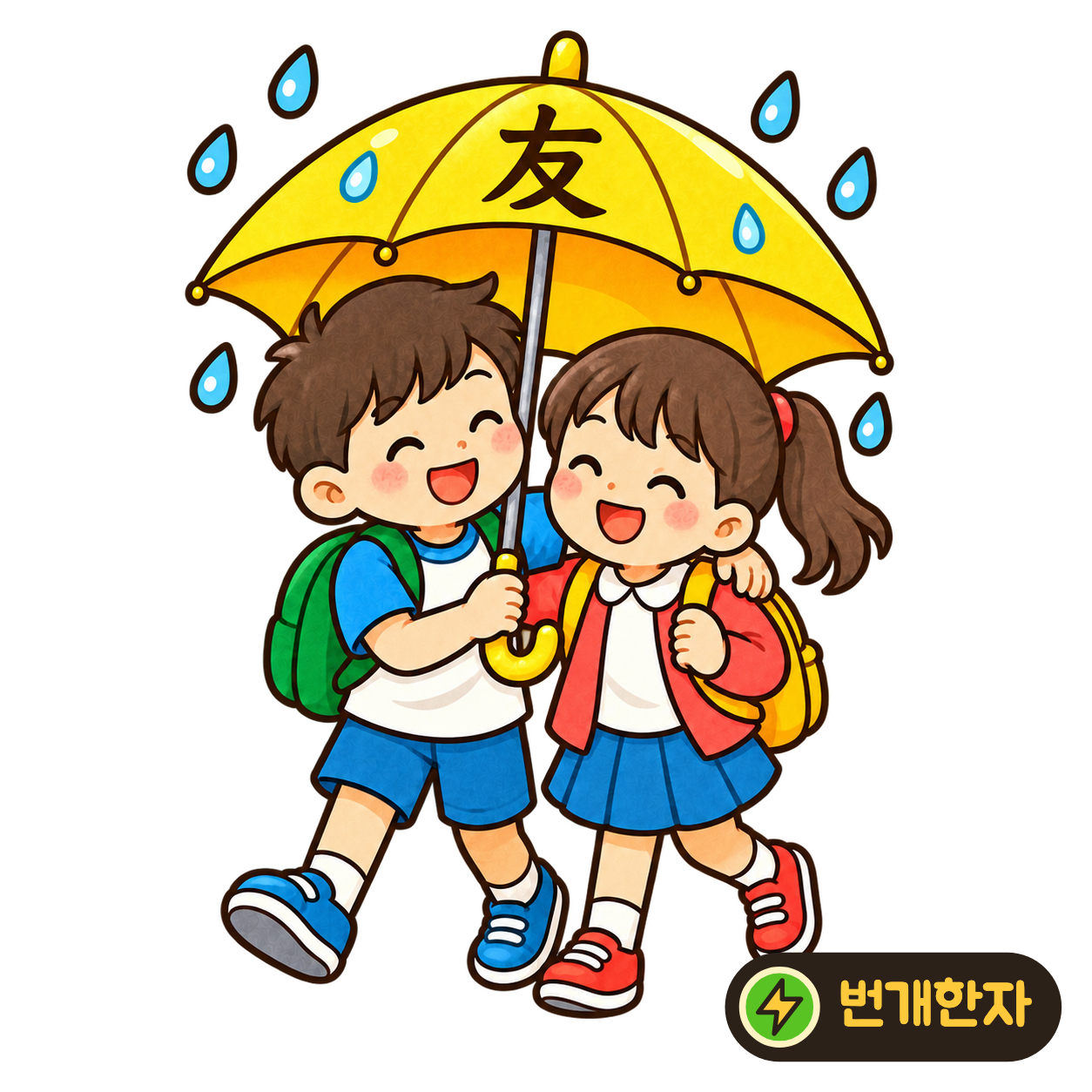 友: 아랫부분에 손을 떠올리는 又가 있어요. 친구에게 손을 내밀어 함께 잡는 모습으로 기억해요. (기억 그림)