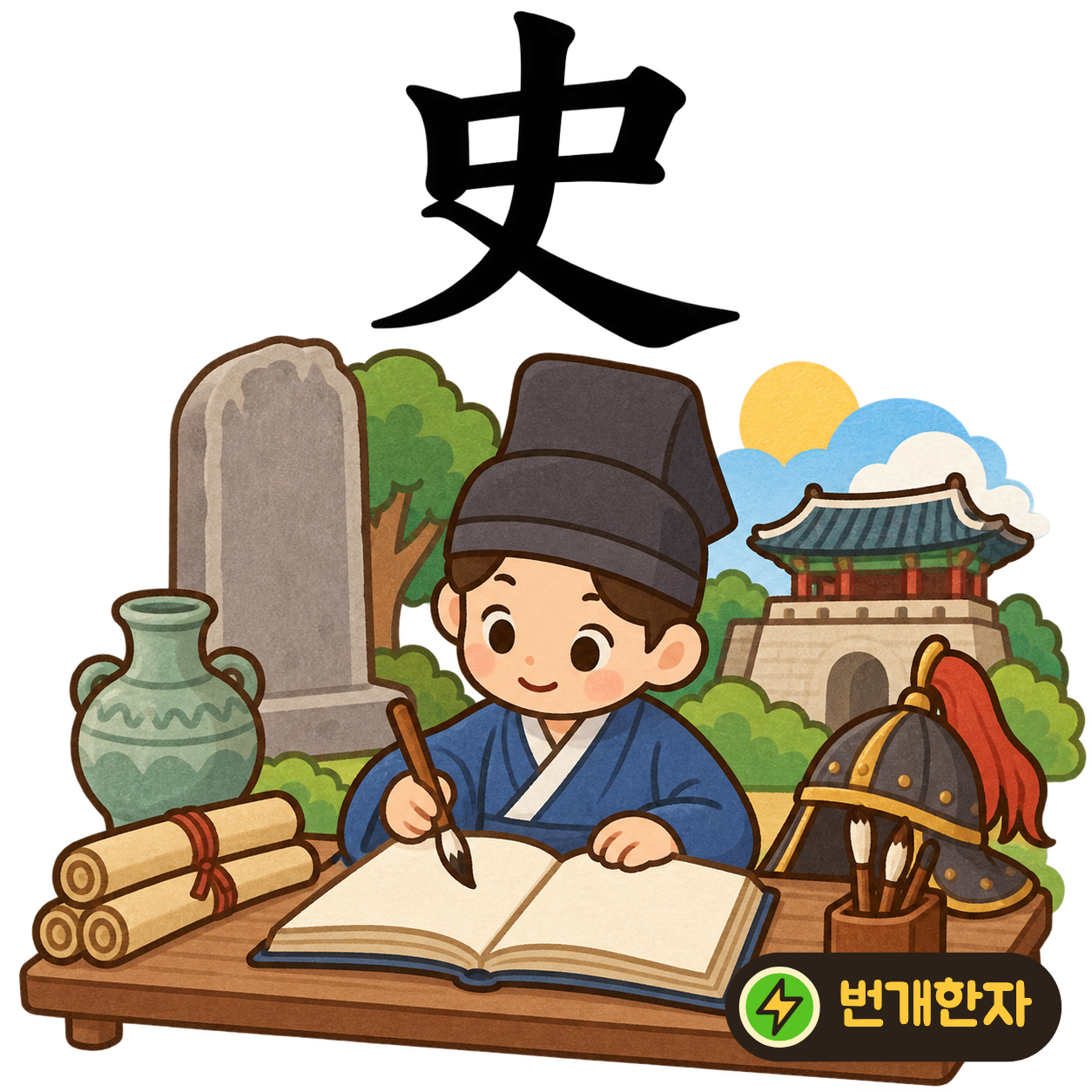 史: 가운데 口 모양 아래로 획이 길게 뻗어요. 지나간 일을 길게 적어 둔 역사 두루마리를 상상해요. (기억 그림)